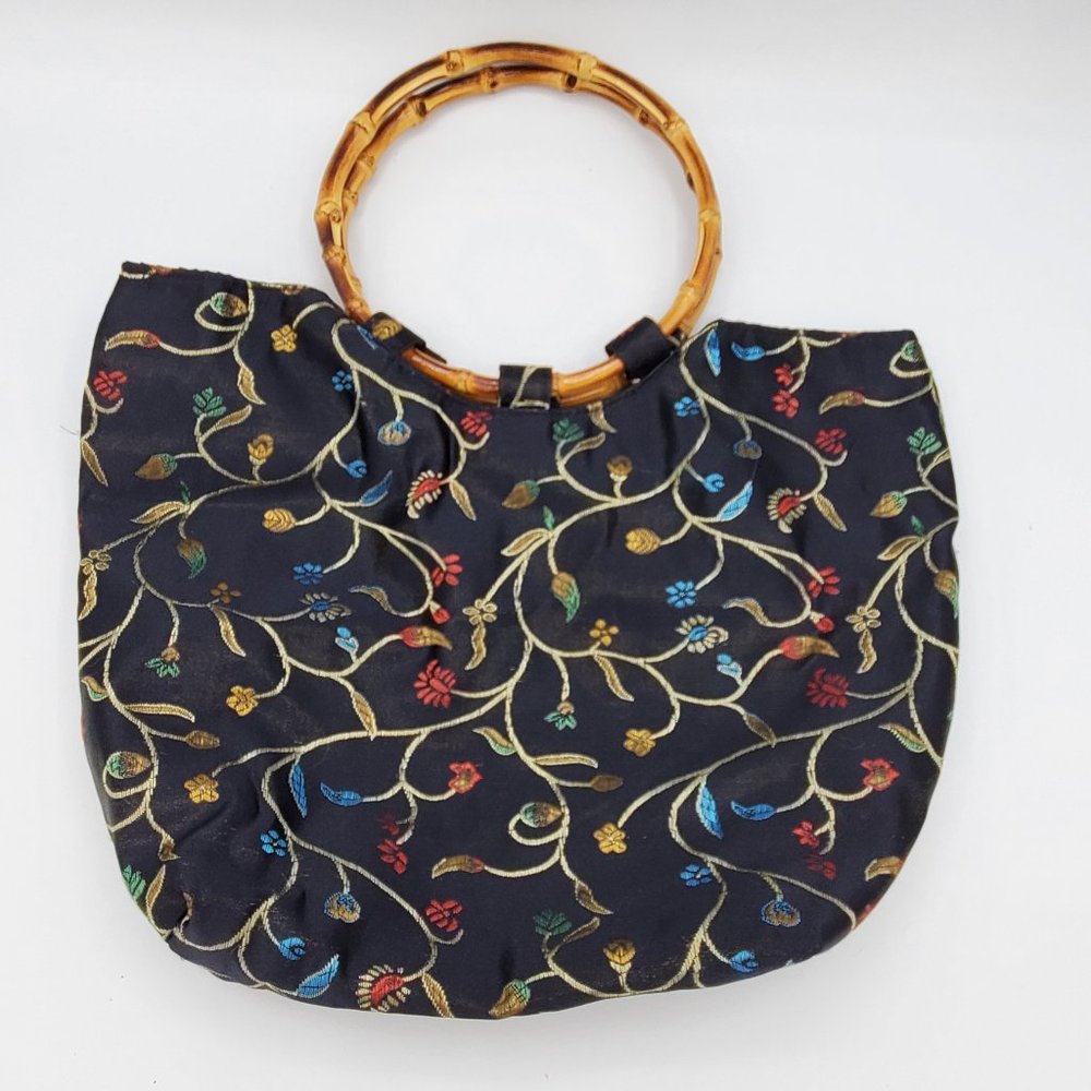 Asian Inspired Pouch Purse, Silk with Floral Embroidery and Round Handle